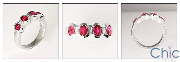 Anniversary Ruby Oval CZ Baguettes Half Bezel Channel Cubic Zirconia Ring 14K White Gold