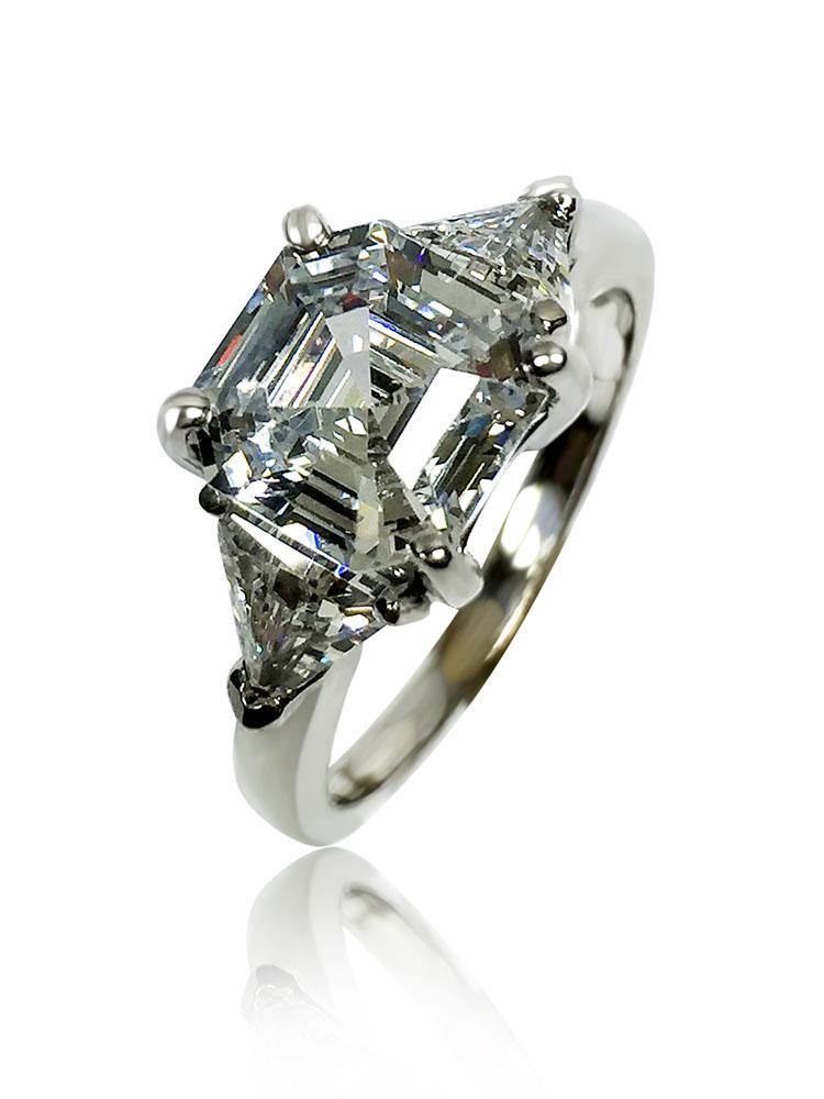 Cubic zirconia 2.5 Asscher Cut Trillion 3 Stone ring 14k White Gold
