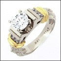 Estate .75 Round Center Cubic Zirconia Two Tone Gold Yellow Bars Ring