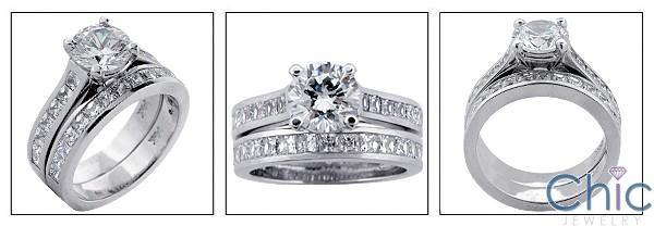 1.5 Round Center Engagement Cubic Zirconia Ring Matching Channel Set CZ Band 14K White Gold