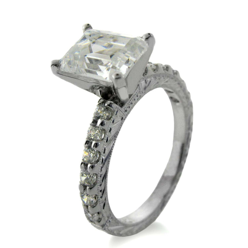 High Quality Cubic Zirconia Emerald Cut 2 Carat Engagement Ring Hand Engraved 14k White Gold Shank