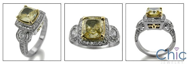 Canary Cushion 1.5 Cubic Zirconia Two Tone Gold Pave Bezel Cz Ring