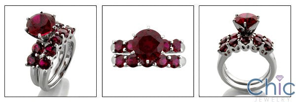 Matching Set 2 Ct Ruby Center Round in Prongs Cubic Zirconia Cz Ring