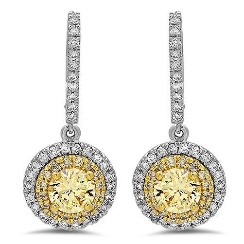 Vintage Two Tone Halo Canary Cubic Zirconia CZ Earrings