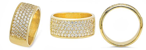 9mm Wedding Band in 5 Rows of Pave Cubic Zirconia 14k Yellow Gold