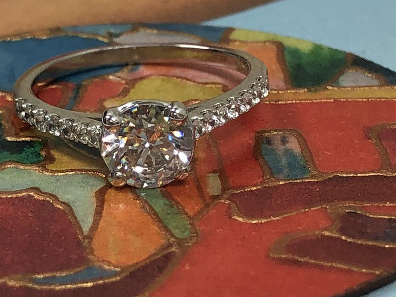 Highest quality 1 carat round cz low set engagement ring 14k white gold