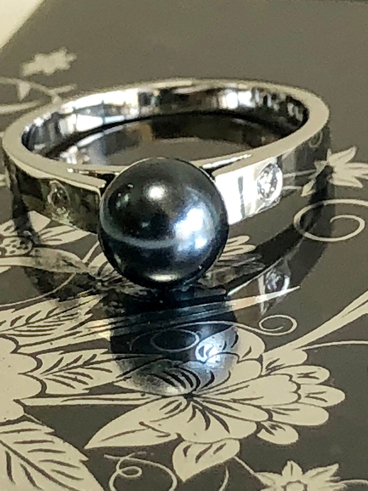 9mm Black Synthetic Pearl Cubic Zirconia 14K White Gold Ring