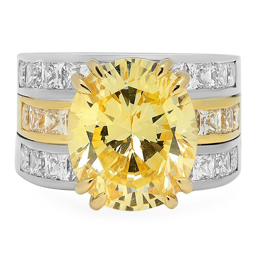 Canary Oval Cubic Zirconia 5 Carat Two Tone Gold Engagement Ring Double Bands Euro Shank