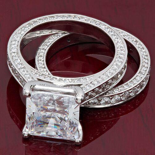 3.5 Carat Princess Cut Cubic Zirconia Center Stone Engagement Ring Micro Pave Eternity Shank 14K White Gold
