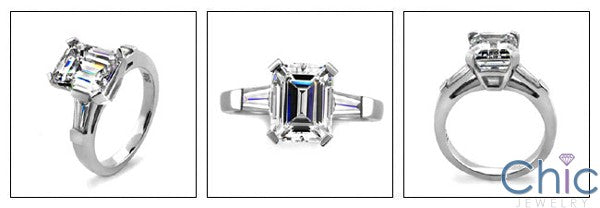 3 Carat Emerald Cut Cubic Zirconia and Tapered Baguettes Channel 14k White Gold Ring