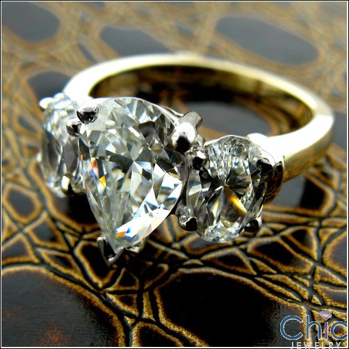 3 Stone Pear Oval Cubic Zirconia Two Tone Gold Ring