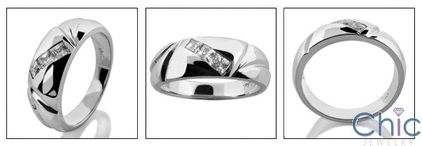 Mens 3 Princess in Channel Cubic Zirconia CZ Wedding Band