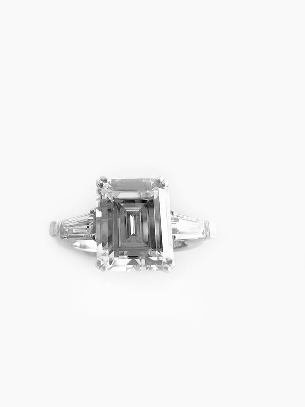 4-Carat AAA Highest Quality IGI Certified Emerald Cut Cubic Zirconia Engagement Ring with Double Wire/Eagle Claw Prongs and Channel Set Tapered Baguettes