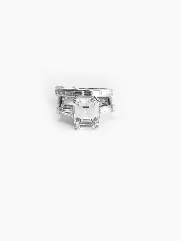 4-Carat AAA IGI Certified Cubic Zirconia Emerald Cut Ring with Tapered Baguettes & Dainty 2.5mm Eternity Band with 1.8 TCW Baguette Stones