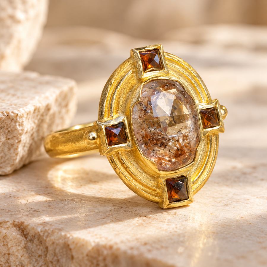 2.69 Carat Natural Brown Rose Cut Diamond Ring in Handmade 22K Gold – One of a Kind