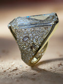 6.63 Carat Portrait Cut Octagonal Step Lab Diamond Bridge Ring | Mosaic Pavé Chocolate & White Diamonds | 14K Yellow Gold
