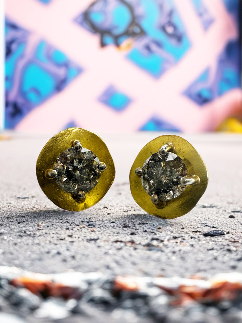 Handcrafted 22K Gold Stud Earrings with 2.10 TCW Salt & Pepper Diamonds