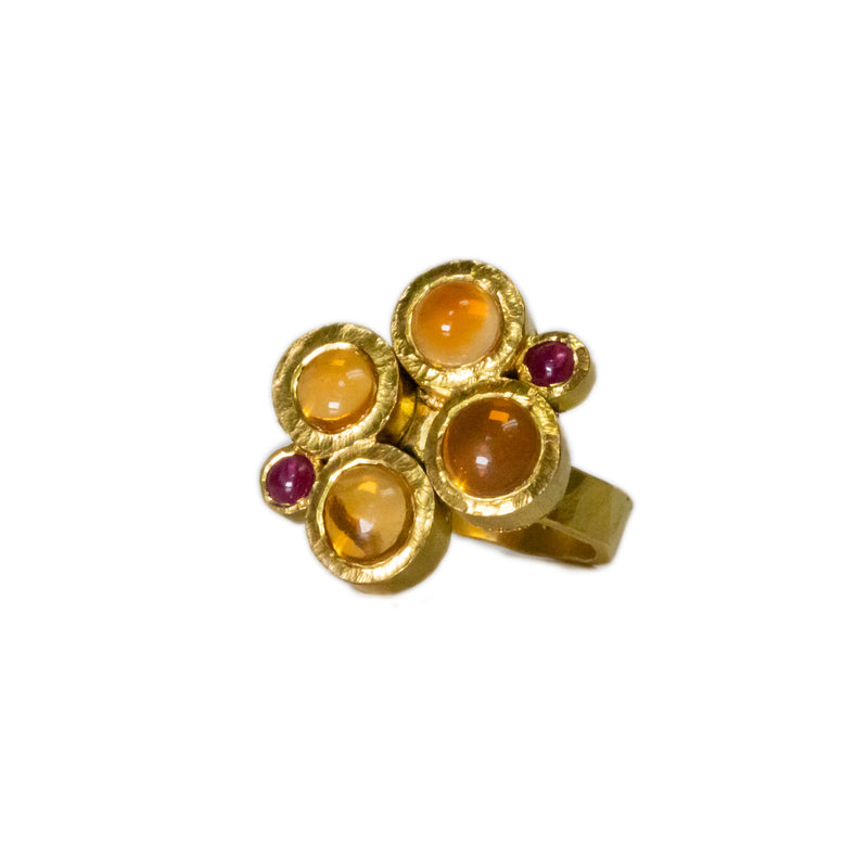 22K Gold 4.75TCW Mexican Opal and Ruby Hand Crafted Bezel Set Ring