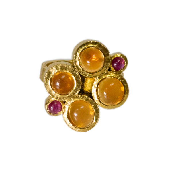 22K Gold 4.75TCW Mexican Opal and Ruby Hand Crafted Bezel Set Ring