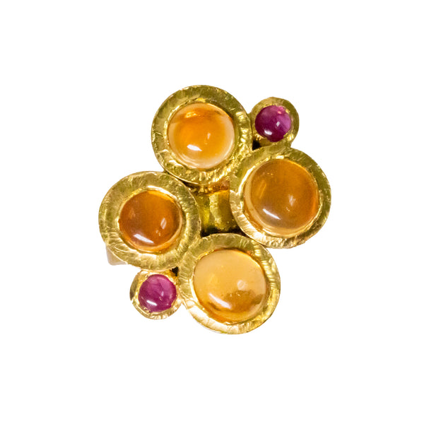 22K Gold 4.75TCW Mexican Opal and Ruby Hand Crafted Bezel Set Ring
