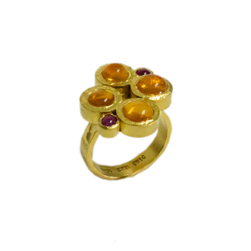 22K Gold 4.75TCW Mexican Opal and Ruby Hand Crafted Bezel Set Ring