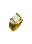 Handmade 22k Gold Opal Ring – Horizontal Elongated Opal, Minimalist Cradle Setting, Iridescent Fire, Raw Hammered Finish