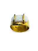 Handmade 22k Gold Opal Ring – Horizontal Elongated Opal, Minimalist Cradle Setting, Iridescent Fire, Raw Hammered Finish
