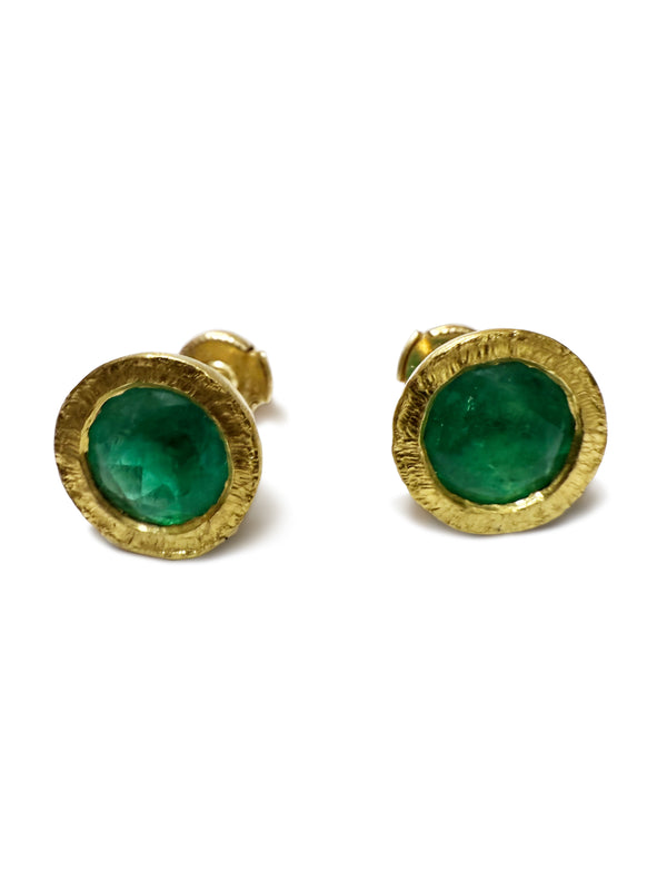 Handcrafted Colombian Emerald Studs in Textured 22K Gold – 4.45 Carats