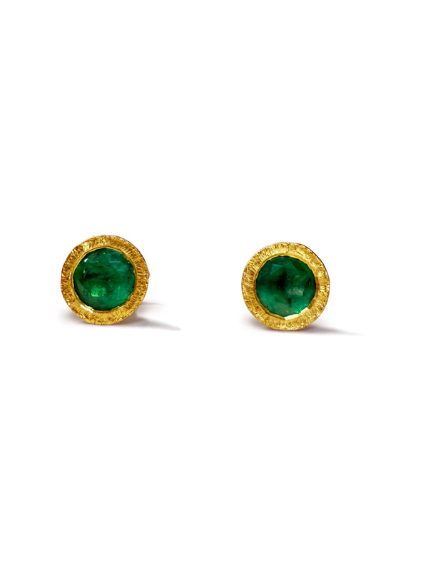 Handcrafted Colombian Emerald Studs in Textured 22K Gold – 4.45 Carats
