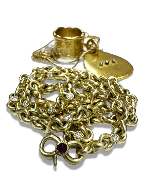 18K Yellow Gold Infinity Link Chain Necklace with Diamonds and Customizable Gemstone Clasp
