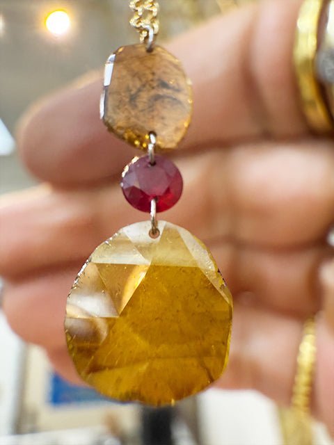 1.35 ct Natural Diamond & 0.20 ct Ruby Pendant on 14k Gold Chain