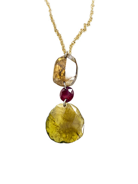 1.35 ct Natural Diamond & 0.20 ct Ruby Pendant on 14k Gold Chain