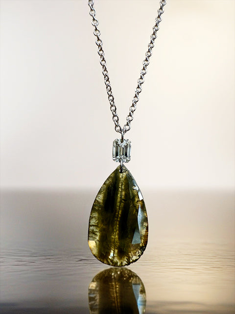 3.15ct Gray-Green Rose Cut Diamond Pendant with Emerald Cut Accent – 14k White Gold, 18” Chain