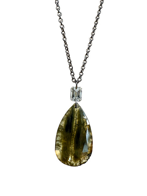 3.15ct Gray-Green Rose Cut Diamond Pendant with Emerald Cut Accent – 14k White Gold, 18” Chain