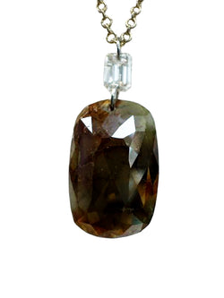 3.0ct Rose Cut Brownish-Gray Diamond Pendant with Emerald Cut Accent – 14k Yellow Gold, 18" Chain
