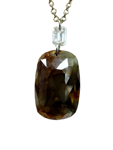 3.0ct Rose Cut Brownish-Gray Diamond Pendant with Emerald Cut Accent – 14k Yellow Gold, 18" Chain