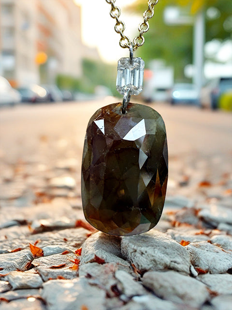 3.0ct Rose Cut Brownish-Gray Diamond Pendant with Emerald Cut Accent – 14k Yellow Gold, 18" Chain