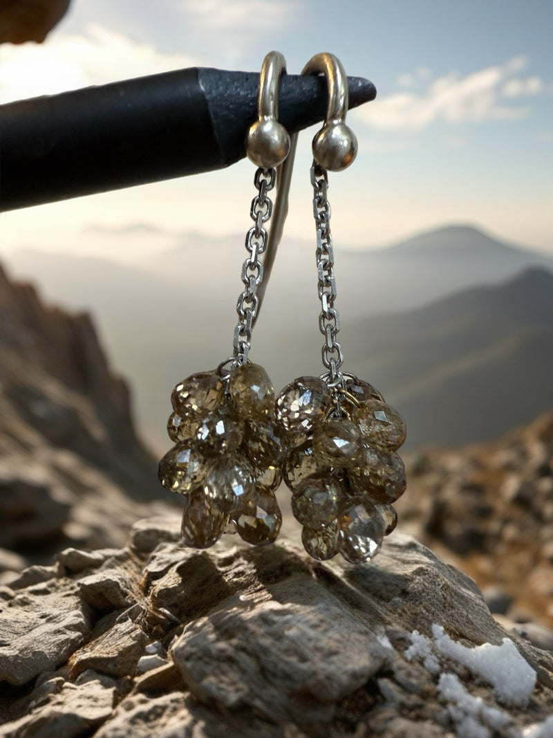 Natural Briolette Diamond Cluster Earrings on 14K White Gold Chain – TCW 11.00