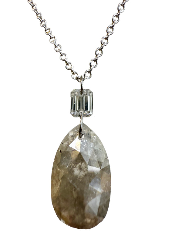 Rose Cut Gray Diamond & Baguette Pendant Necklace – 14k White Gold, 16”