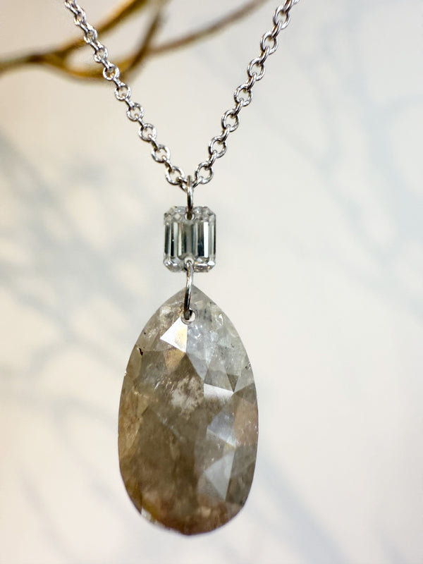Rose Cut Gray Diamond & Baguette Pendant Necklace – 14k White Gold, 16”