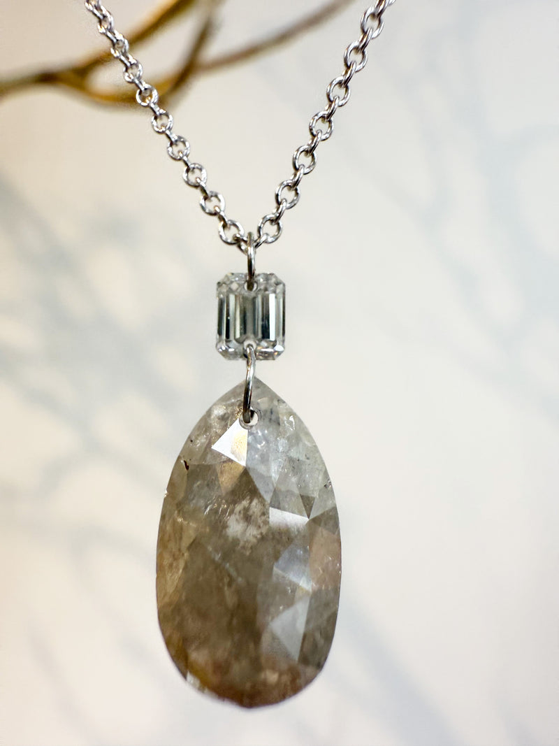 Rose Cut Gray Diamond & Baguette Pendant Necklace – 14k White Gold, 16”