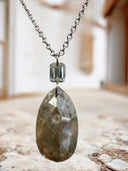 Rose Cut Gray Diamond & Emerald Cut Pendant Necklace – 14k White Gold, 16”