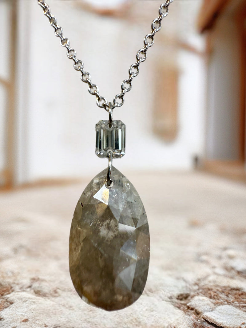 Rose Cut Gray Diamond & Baguette Pendant Necklace – 14k White Gold, 16”