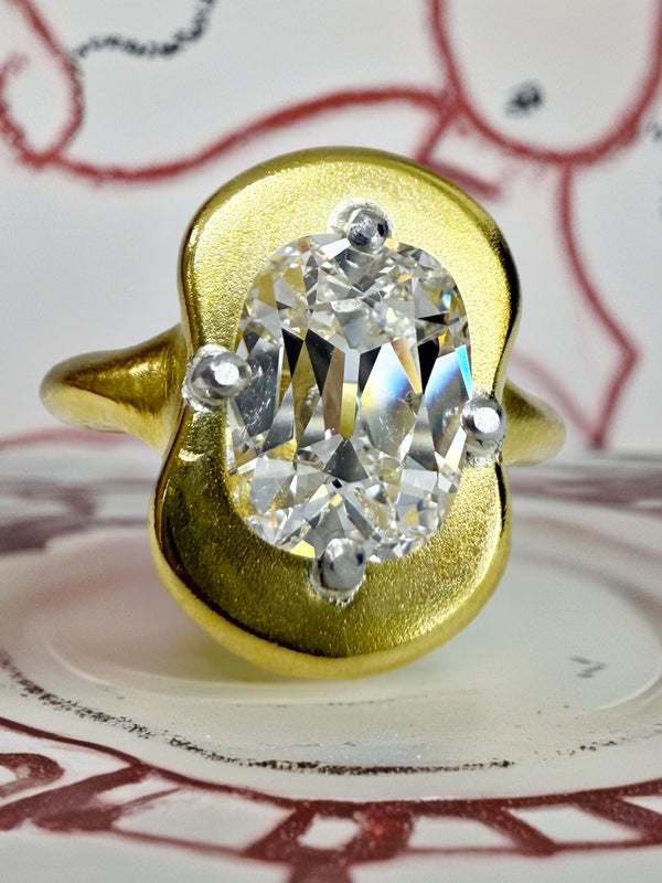 3.05ct E VS1 Old Mine Cushion Lab Diamond Ring in 22K Gold & Platinum