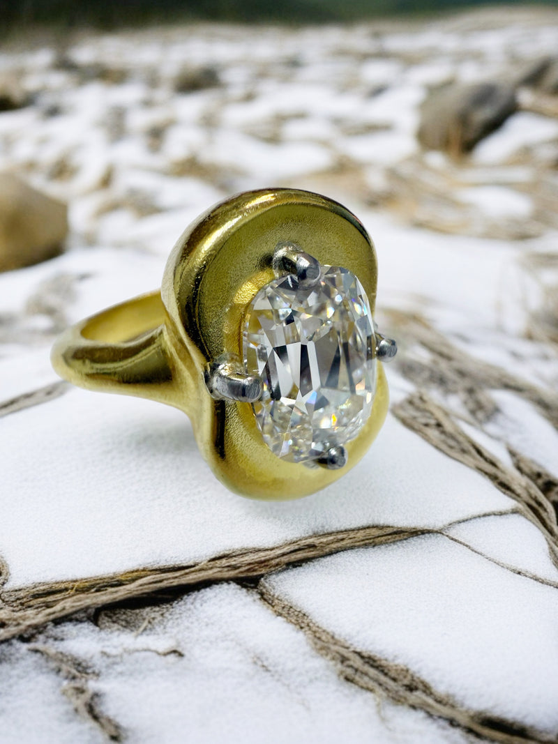 3.05ct E VS1 Old Mine Cushion Lab Diamond Ring in 22K Gold & Platinum