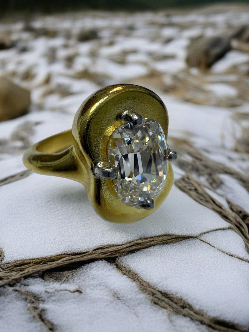 3.05ct E VS1 Old Mine Cushion Lab Diamond Ring in 22K Gold & Platinum