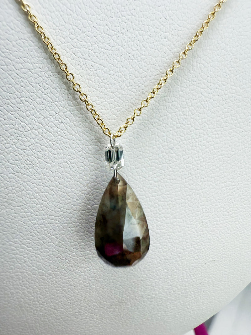 Brown Rose-Cut Diamond Talisman Pendant Necklace – 2.10ct with Emerald-Cut Accent on 14k Gold