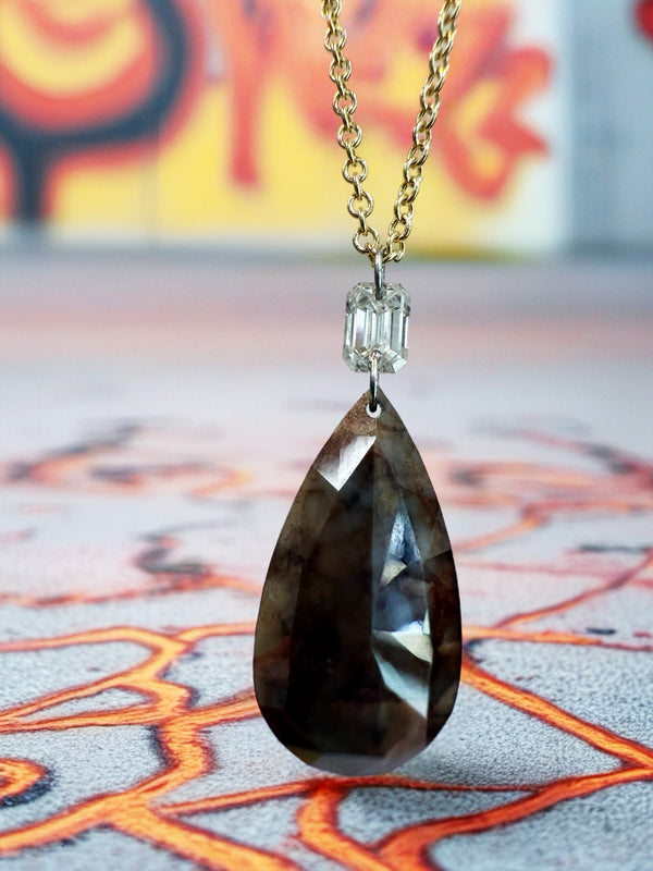 Brown Rose-Cut Diamond Talisman Pendant Necklace – 2.10ct with Emerald-Cut Accent on 14k Gold
