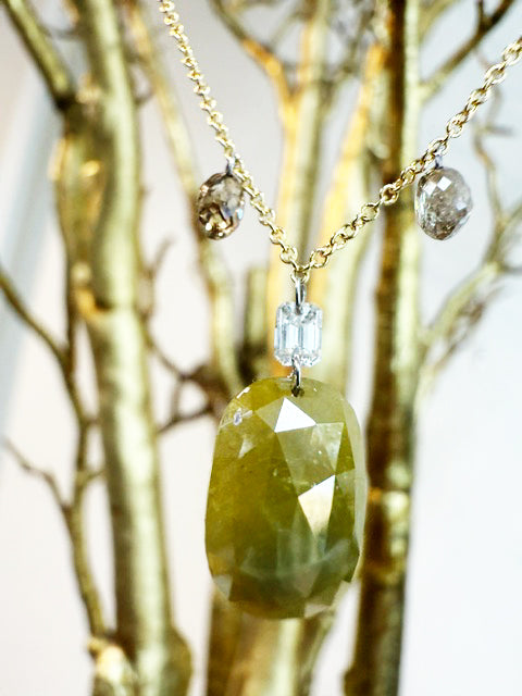 Green Hue Rose Cut Diamond Talisman Pendant Necklace – 3ct with Cognac Briolettes & Emerald Cut Accent on 14k Gold