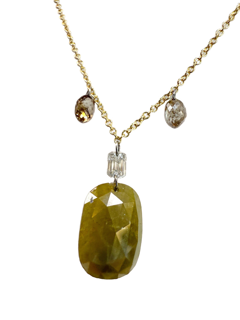 Green Hue Rose Cut Diamond Talisman Pendant Necklace – 3ct with Cognac Briolettes & Emerald Cut Accent on 14k Gold